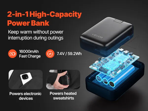 16000mAh power bank un apsildāmā krekla barošanas komplekts ar atvērtu konstrukciju un savienojuma detaļām