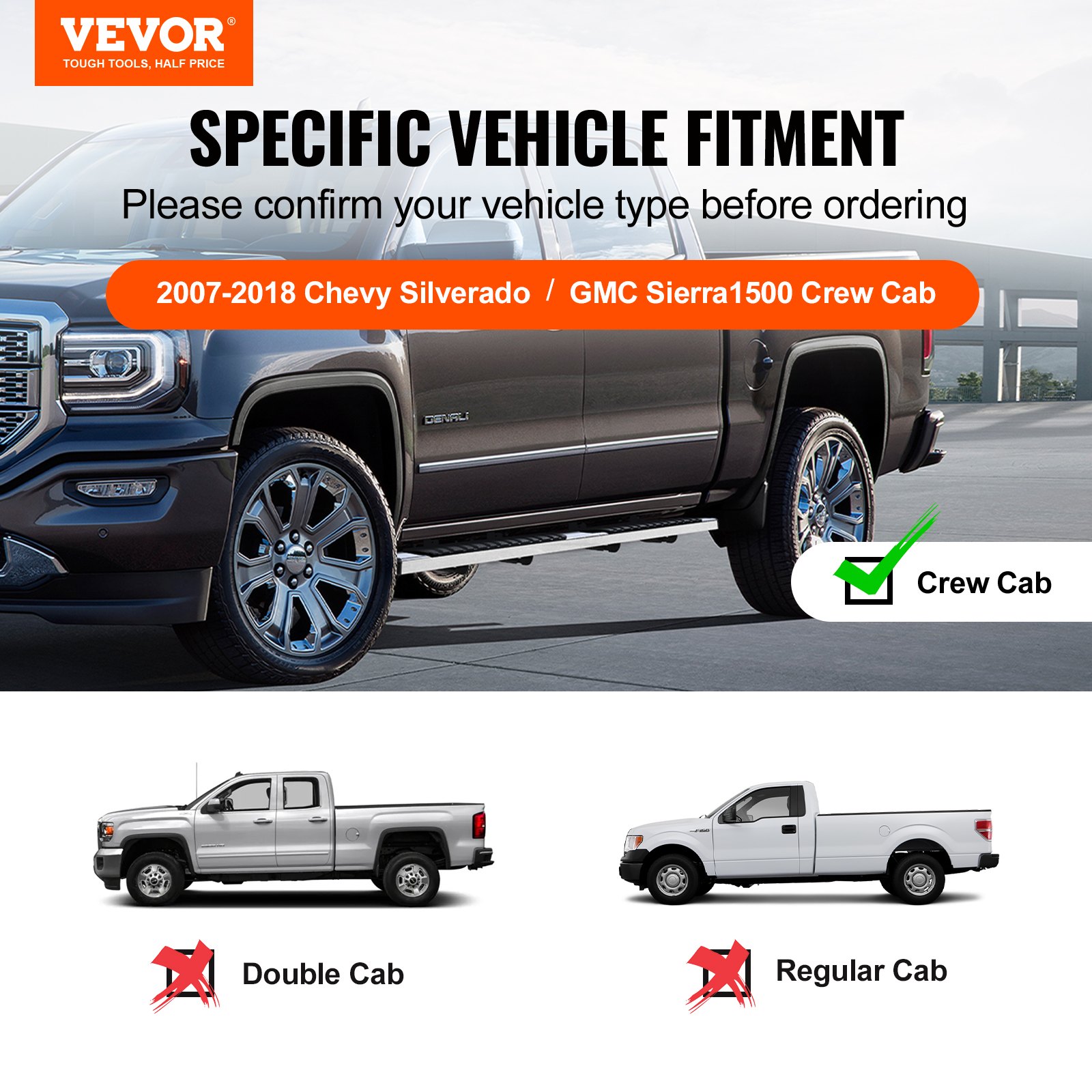VEVOR 6 collu sānu pakāpieni Chevy Silverado/GMC Sierra Crew Cab, 2 gab., 201 nerūsējošais tērauds