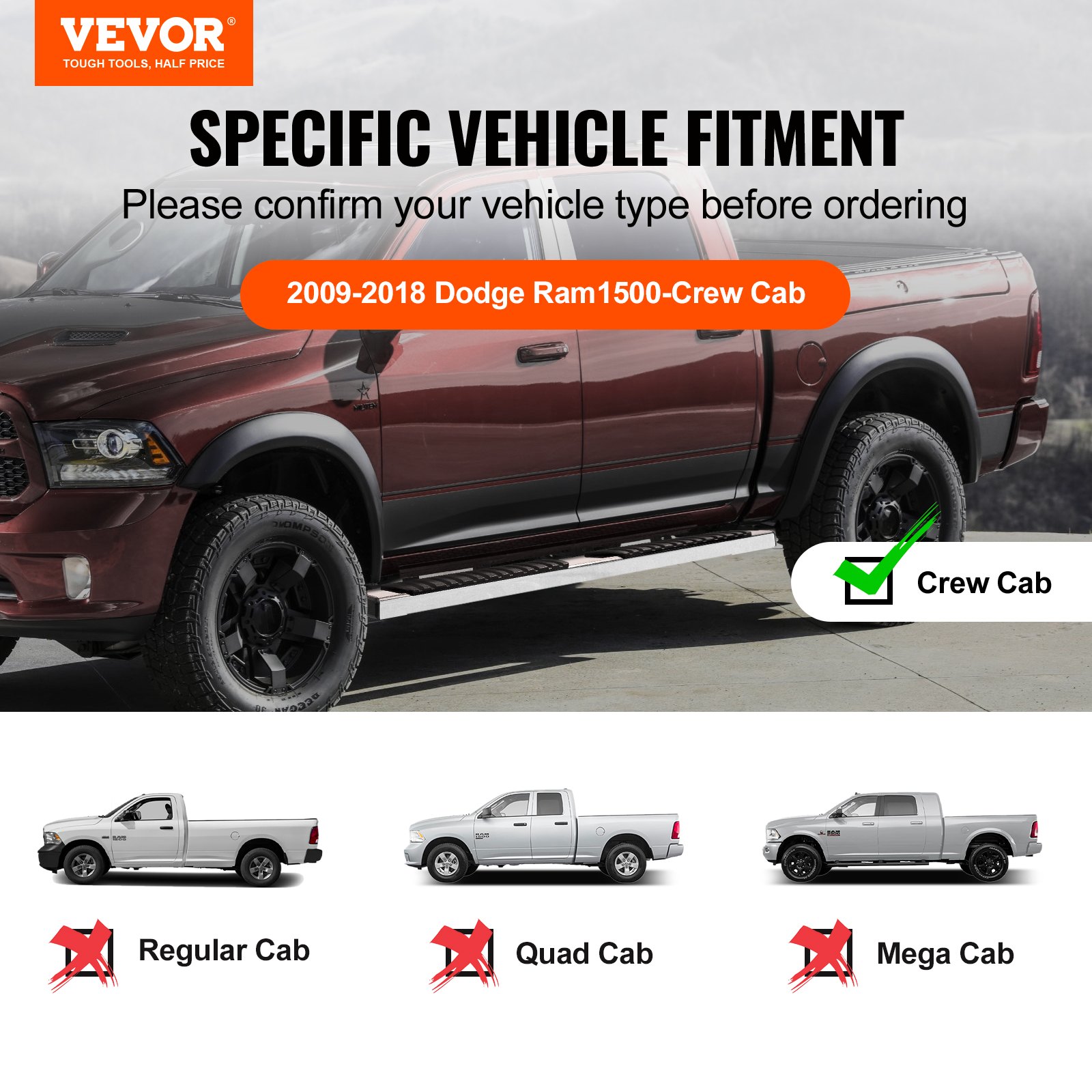 VEVOR 6" sānu kāpšļi Dodge Ram Crew Cab, nerūsējošais tērauds, 2 gab.