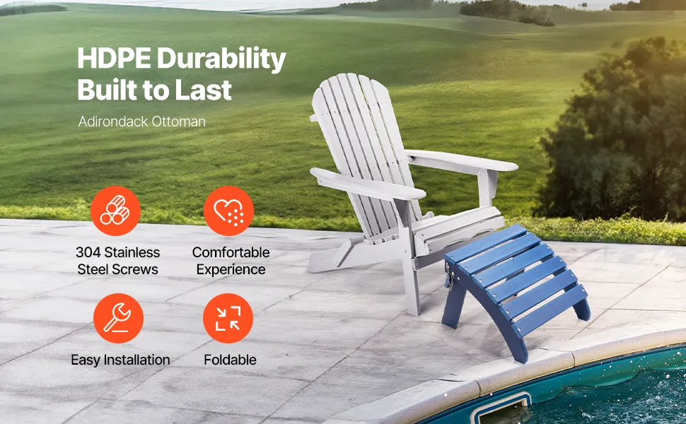Zils Adirondack kāju balsts pie baseina ar salokāmu konstrukciju un HDPE izturības ikonām