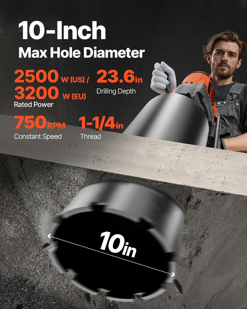 VEVOR dimanta serdes urbjmašīna betonam, 3200W, 750RPM, ar ratiņiem