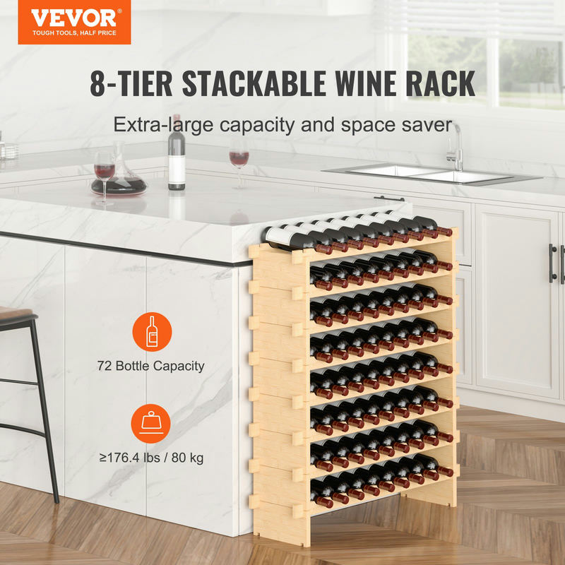 VEVOR 72 pudeļu saliekams modulārs bambusa koka vīna plaukts, 8 līmeņi