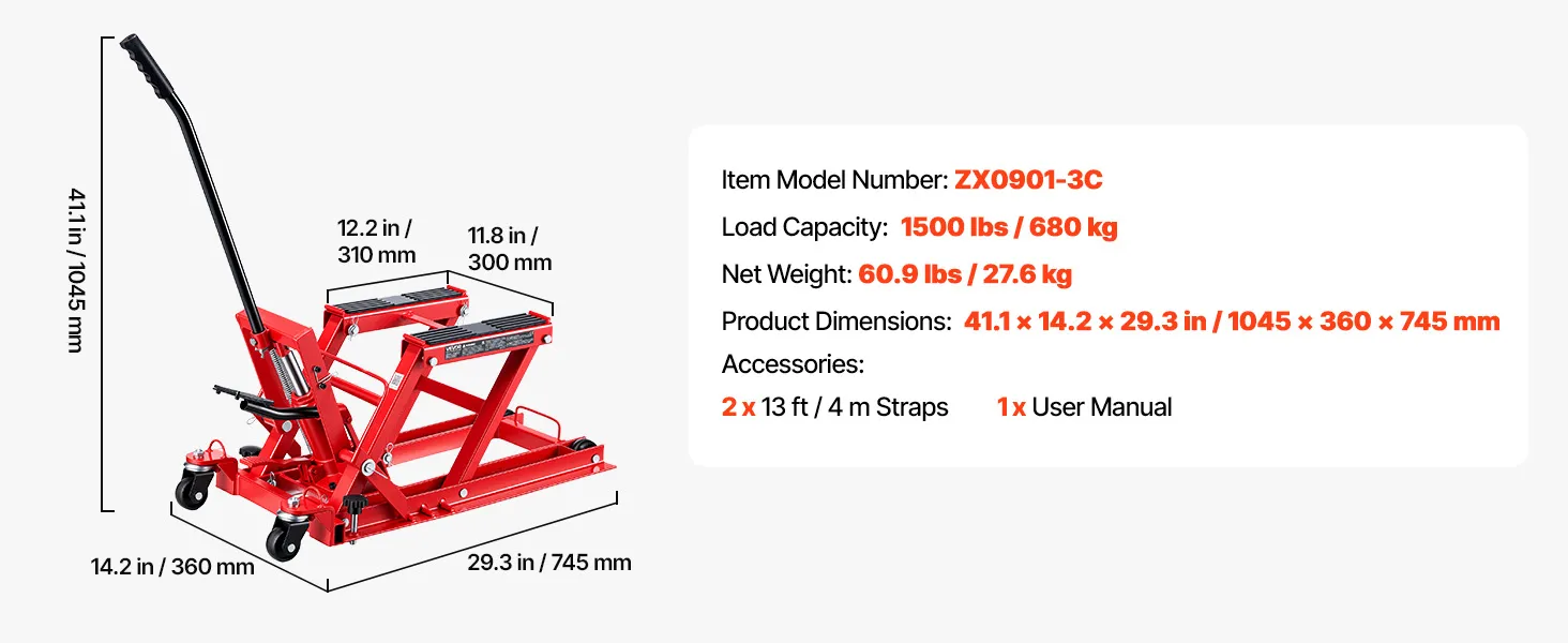 Motociklu pacēlāja tehnisko datu ar modeli ZX0901-3C, 680 kg celtspēju un 27.6 kg svaru