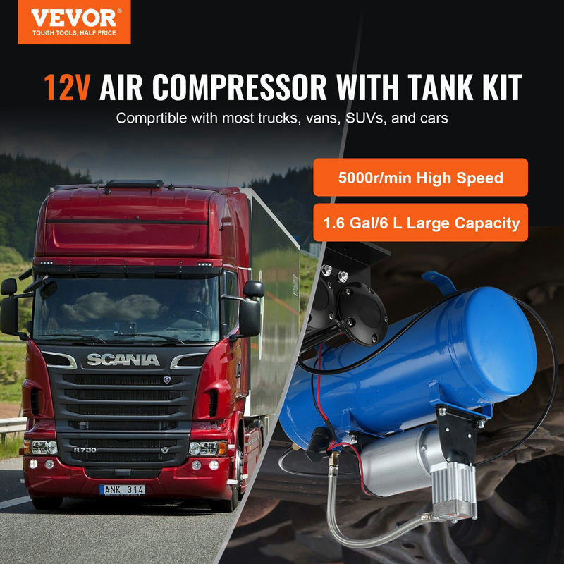 12V gaisa kompresora komplekts ar tvertni 1,6 gal/6 L, 120 psi, HS-661