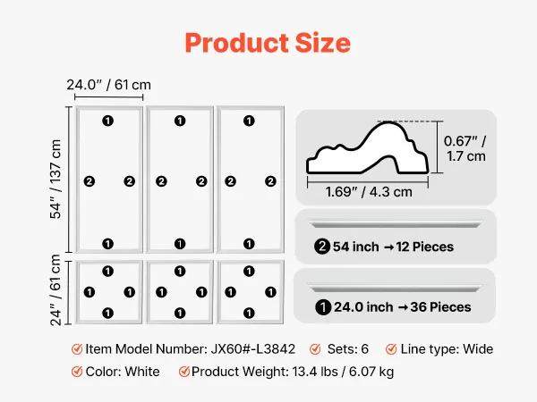 Sienas dekora paneļu izmēru un platā profila shēma ar 61 cm un 137 cm paneļiem