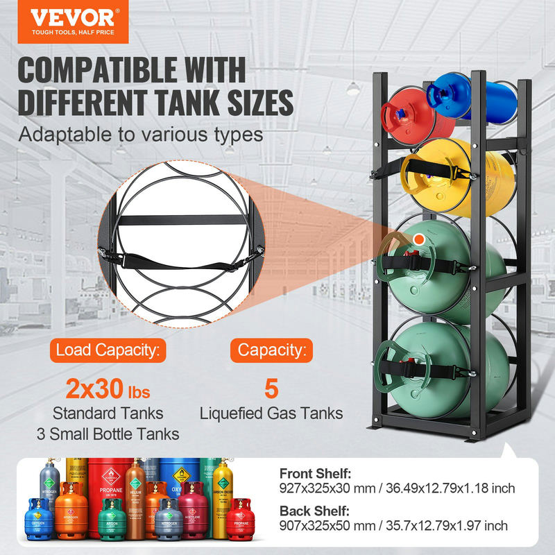 Refrigerantu balonu statīvs 2 x 30 lbs un 3 maziem baloniem, A3 tērauds, 325 × 330 × 928 mm