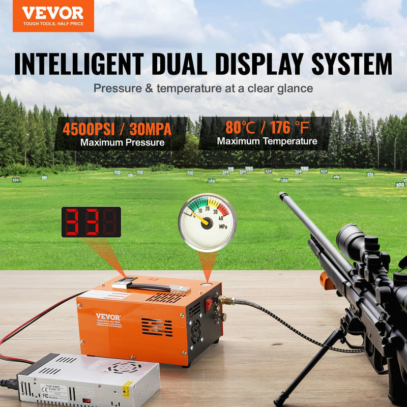PCP gaisa kompresors 4500PSI/30Mpa, portatīvs ar ārējo pārveidotāju, DC12V/AC230V