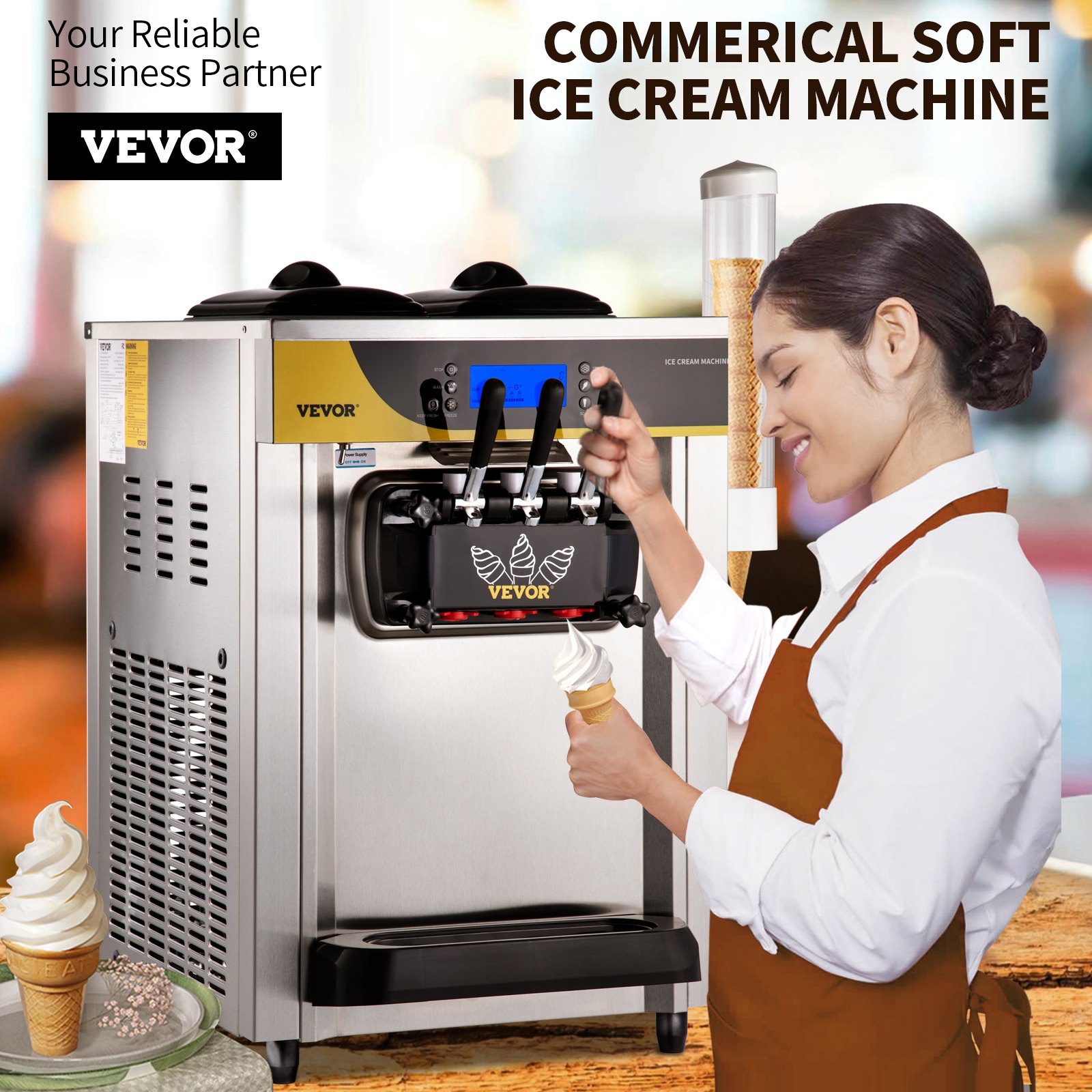 VEVOR komerciālais saldējuma aparāts 22-30 L/h ar 2x6 L tvertnēm un 2 L cilindru