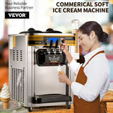 VEVOR komerciālā mīkstā saldējuma mašīna, 22–30 L/h, 2x6 L tvertnes, 2 L cilindrs