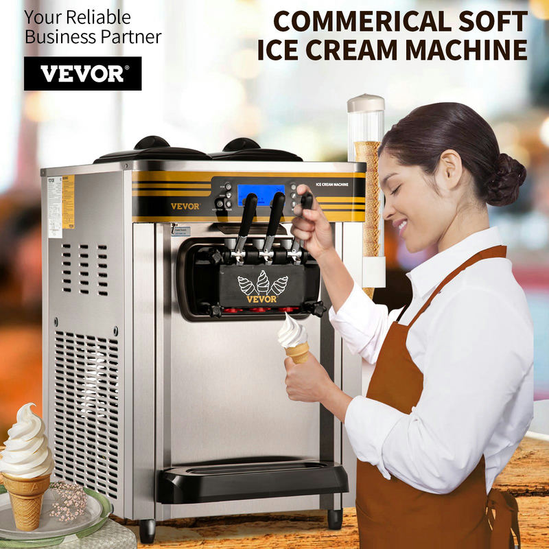 VEVOR komerciālā mīkstā saldējuma mašīna, 22–30 L/h, 2x6 L tvertnes, 2 L cilindrs
