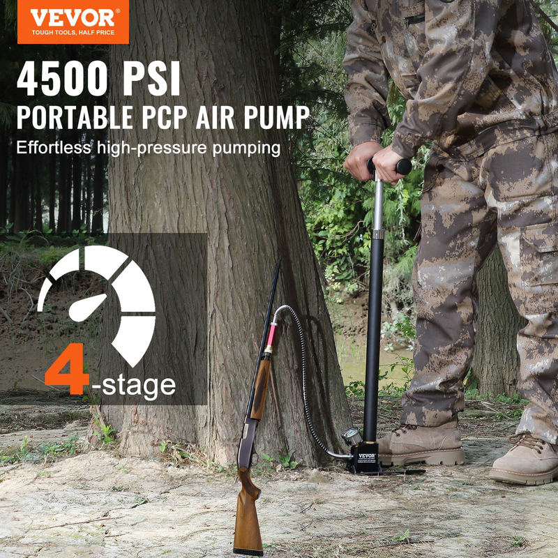 PCP rokas pumpis, 4 pakāpju, 30Mpa 4500 PSI, ar eļļas un mitruma filtru, manometru, nerūsējošais tērauds