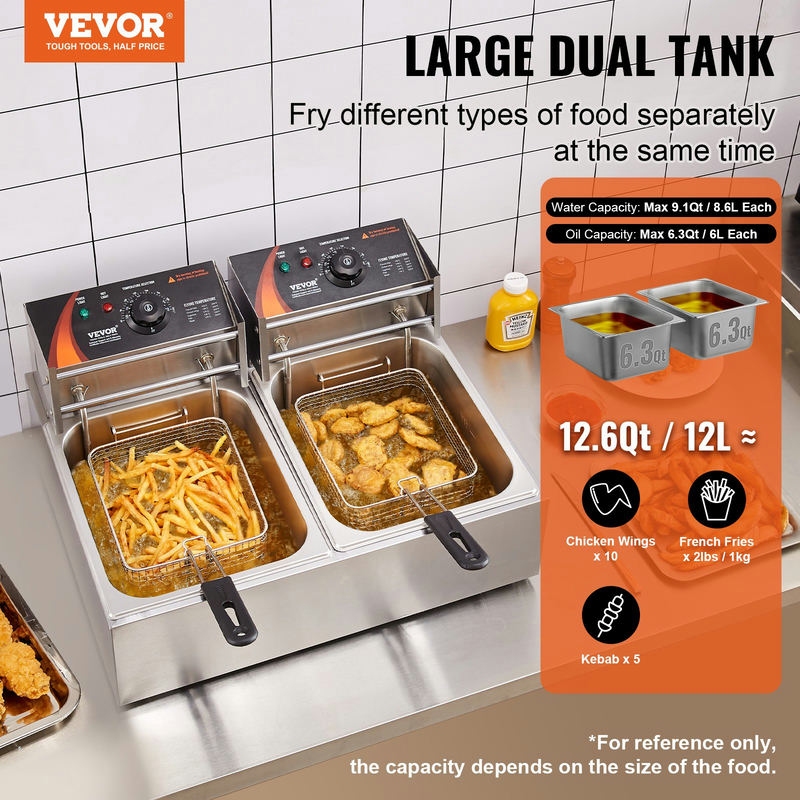 VEVOR komerciālā elektriskā fritētava, 24L, 5000W, nerūsējošais tērauds