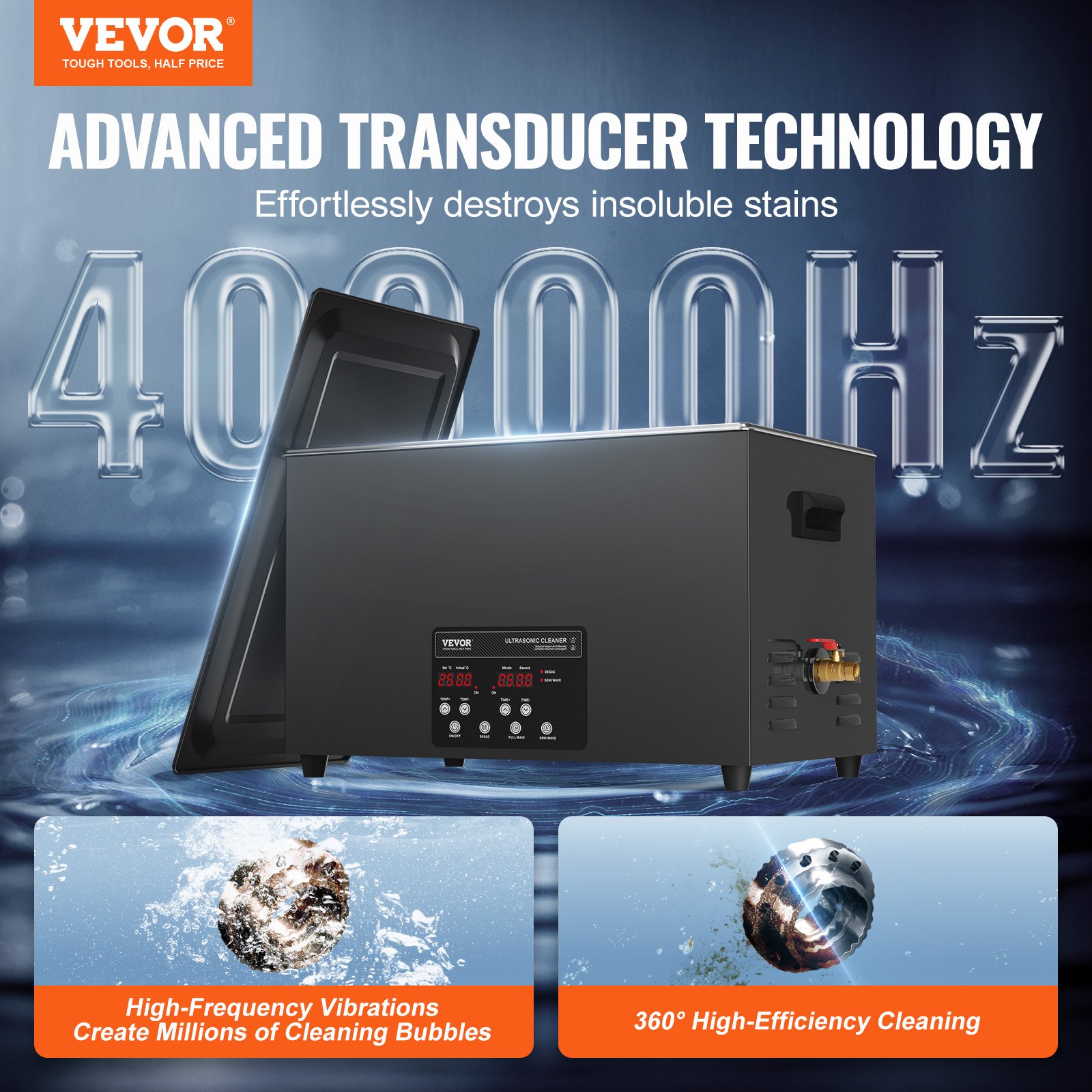 VEVOR 30L ultraskaņas tīrītājs, 600W, 40kHz, ar taimeri un sildītāju