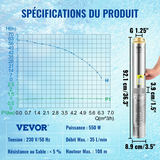 VEVOR dziļurbuma iegremdējamais sūknis 550W, 230V/50Hz, 35 l/min, 108 m