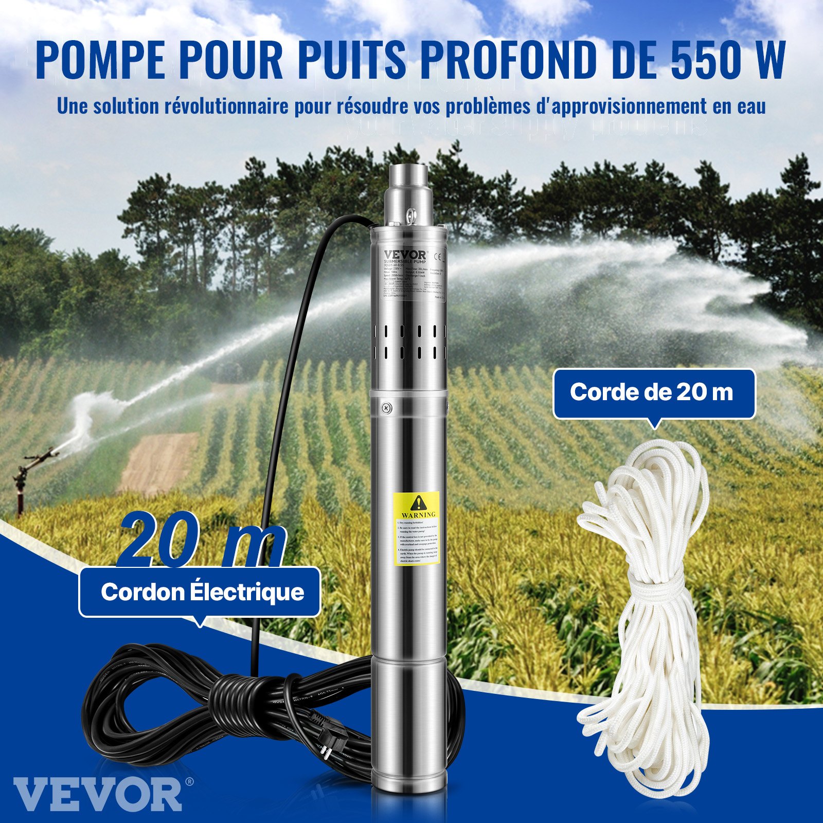 VEVOR dziļurbuma iegremdējamais sūknis 550W, 230V/50Hz, 35 l/min, 108 m