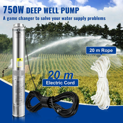 VEVOR dziļurbuma iegremdējamais sūknis 750 W, 230 V/50 Hz, 100 L/min, 66 m, 7,6 cm, nerūsējošais tērauds