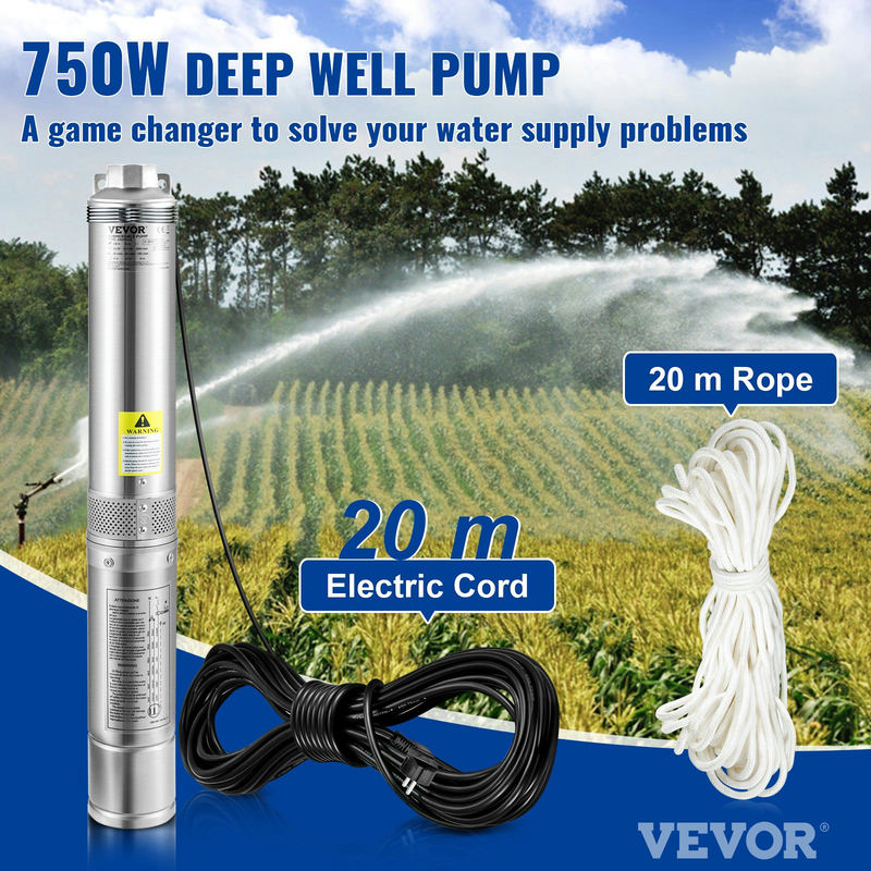 VEVOR dziļurbuma iegremdējamais sūknis 750W, 230V/50Hz, 105 l/min, 62 m