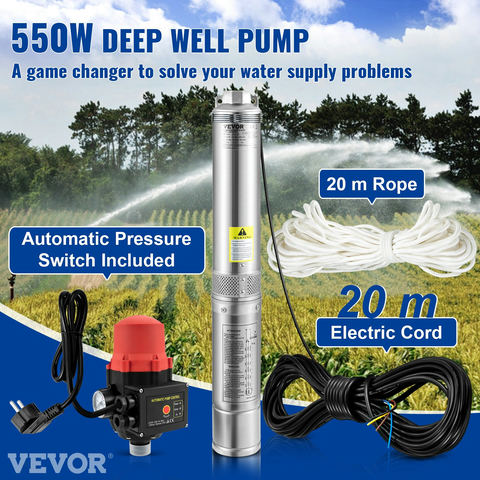 VEVOR dziļurbuma iegremdējamais sūknis 550W, 230V/50Hz, 50 l/min, 89 m, 20 m kabelis