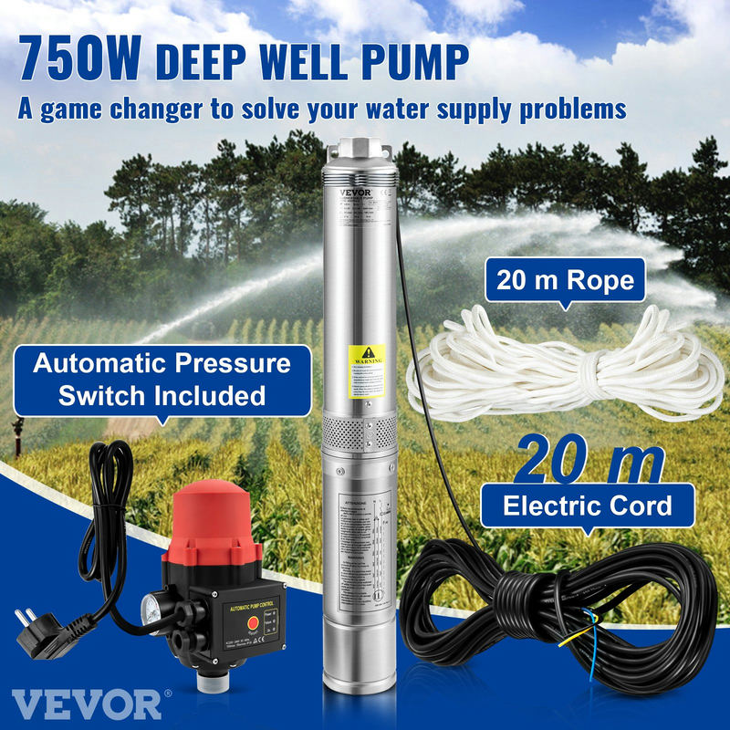 VEVOR dziļurbuma iegremdējamais sūknis 750W, 230V, 105 L/min, 62 m