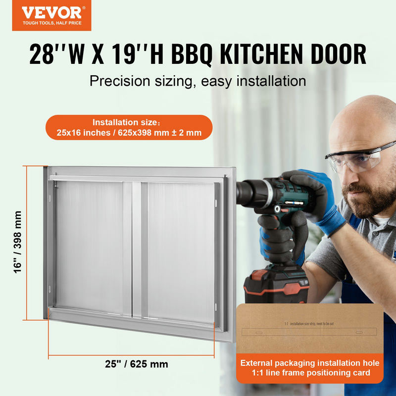 Āra virtuves piekļuves durvis, 710x482 mm divviru, nerūsējošā tērauda vienā līmenī montējamas durvis