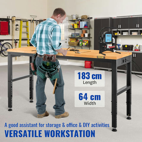 VEVOR regulējams darba galds 183 x 64 cm ar koka virsmu, tērauda rāmi un rozetēm