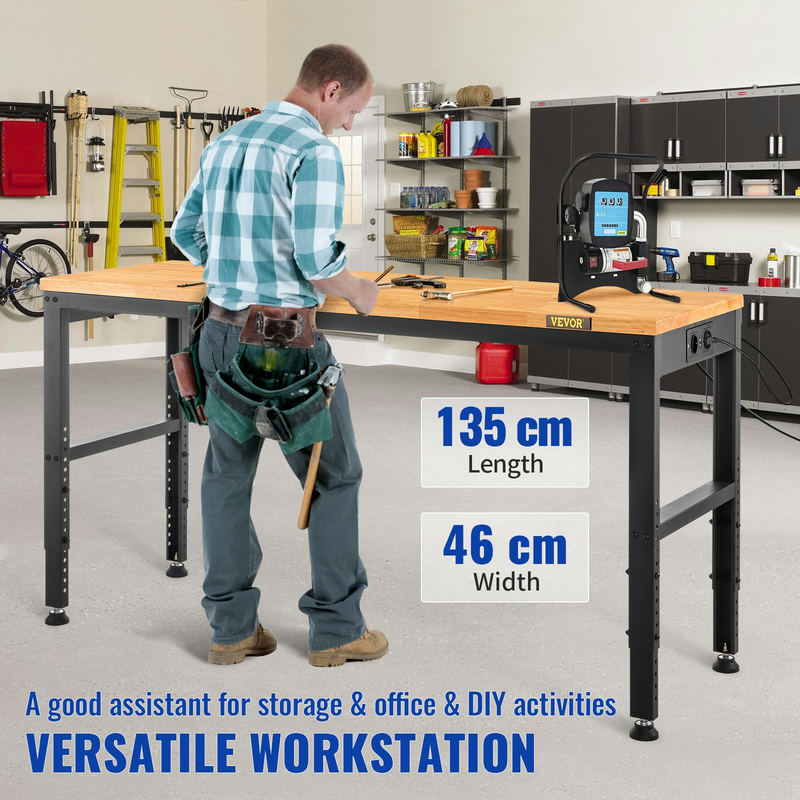 VEVOR regulējams darbagalds ar ozolkoka virsmu, 135 x 46 x 97 cm, 900 kg