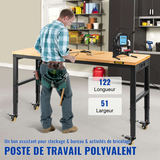 VEVOR regulējams darbagalds 122 x 51 cm ar rozetēm un ozolkoka virsmu