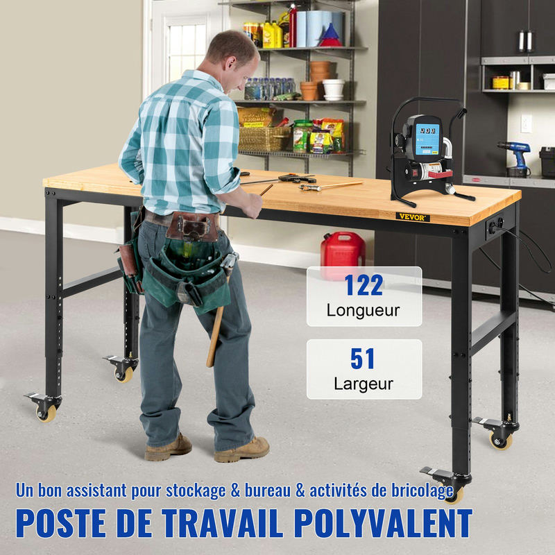 VEVOR regulējams darbagalds 122 x 51 cm ar rozetēm un ozolkoka virsmu