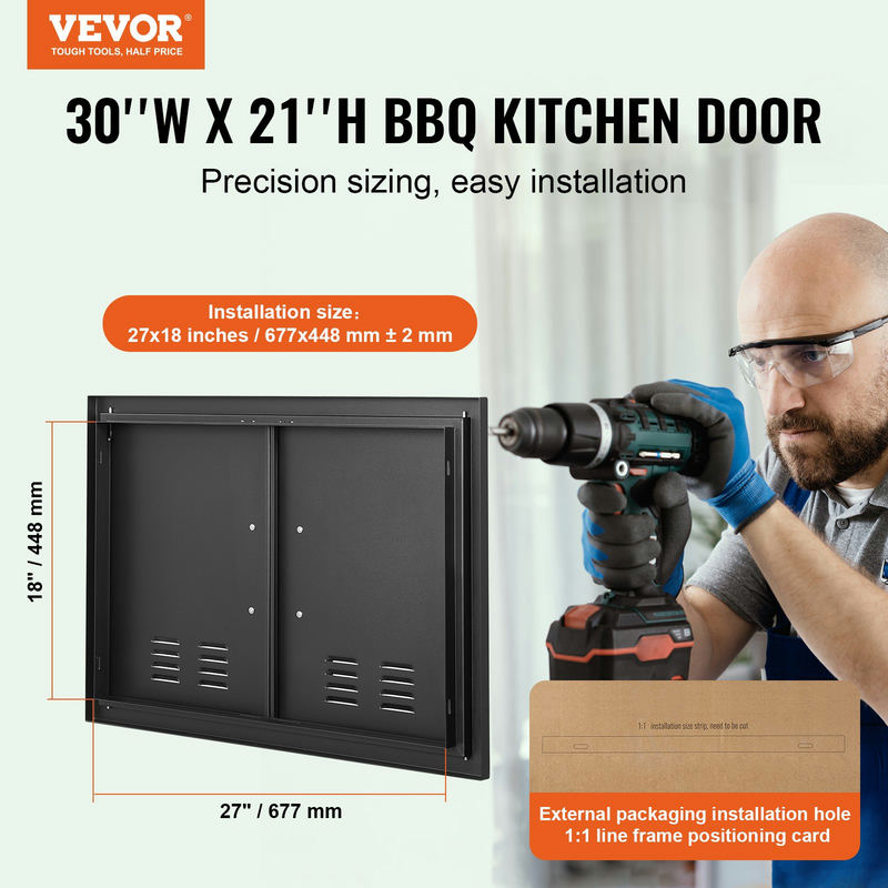 BBQ piekļuves durvis 762x533 mm, dubultas āra virtuves durvis, Cold Plate, melnas