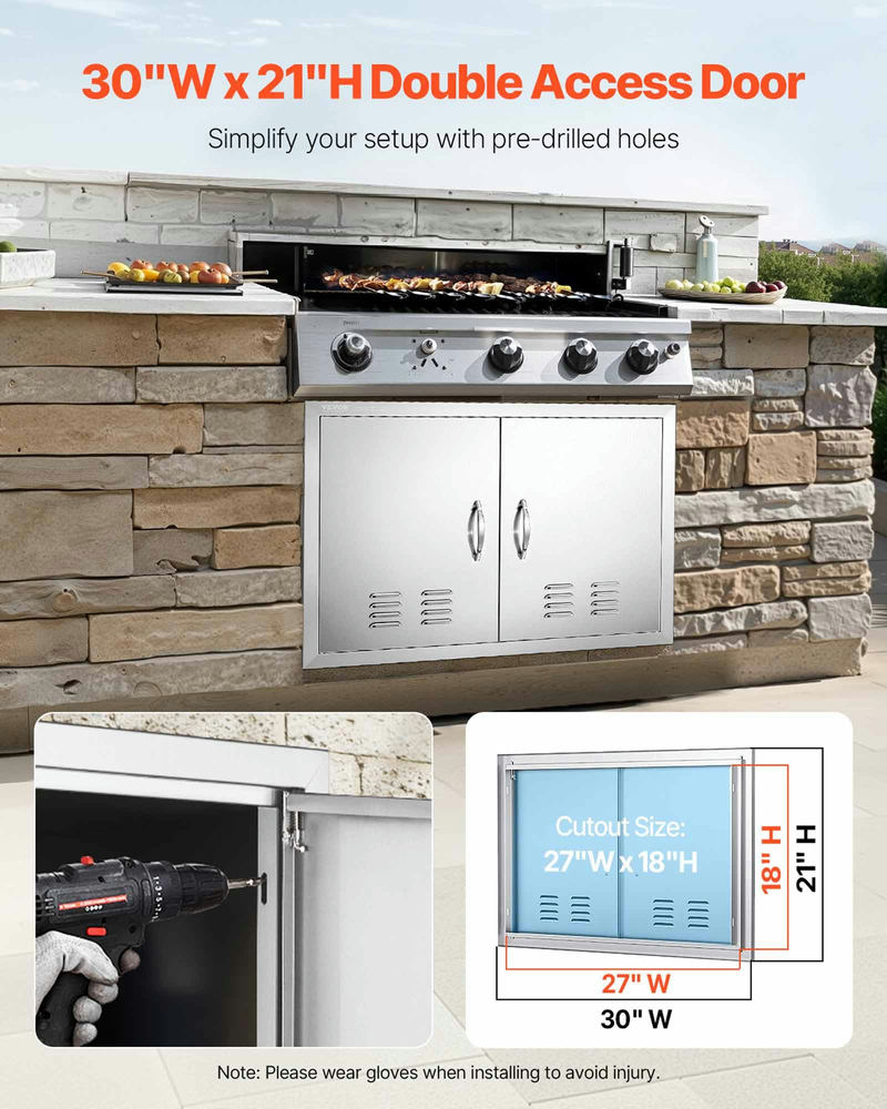 BBQ piekļuves durvis 762x533 mm, dubultas, nerūsējošais tērauds