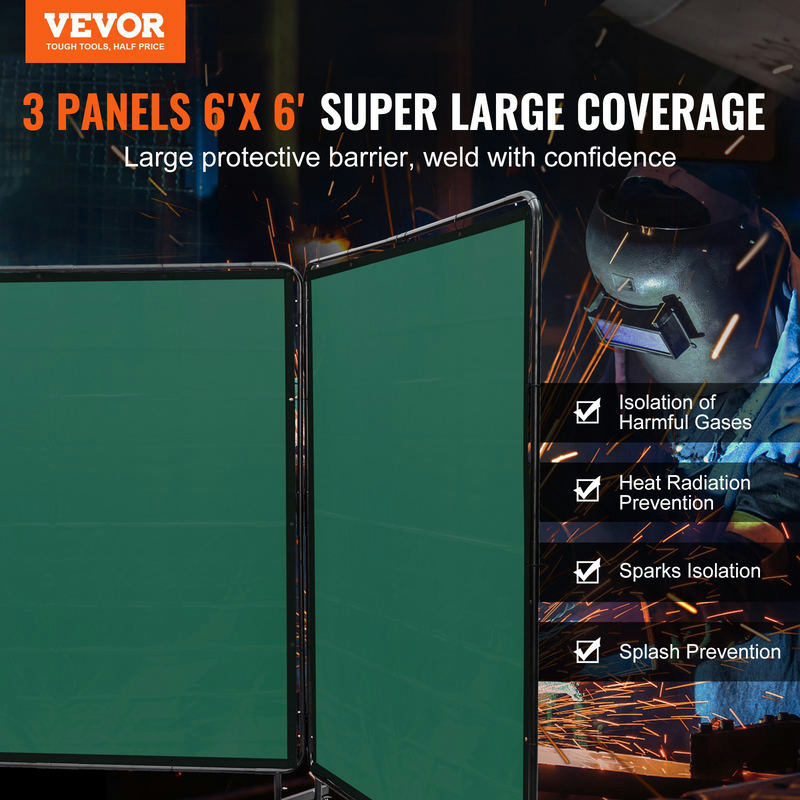 Metināšanas aizsargsiena ar rāmi, 182,9 cm x 182,9 cm, 3 paneļi, zaļa