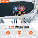 VEVOR 4 virzienu AC manometru komplekts R134A R22 R12 R410A, ar 152,4 cm šļūtenēm