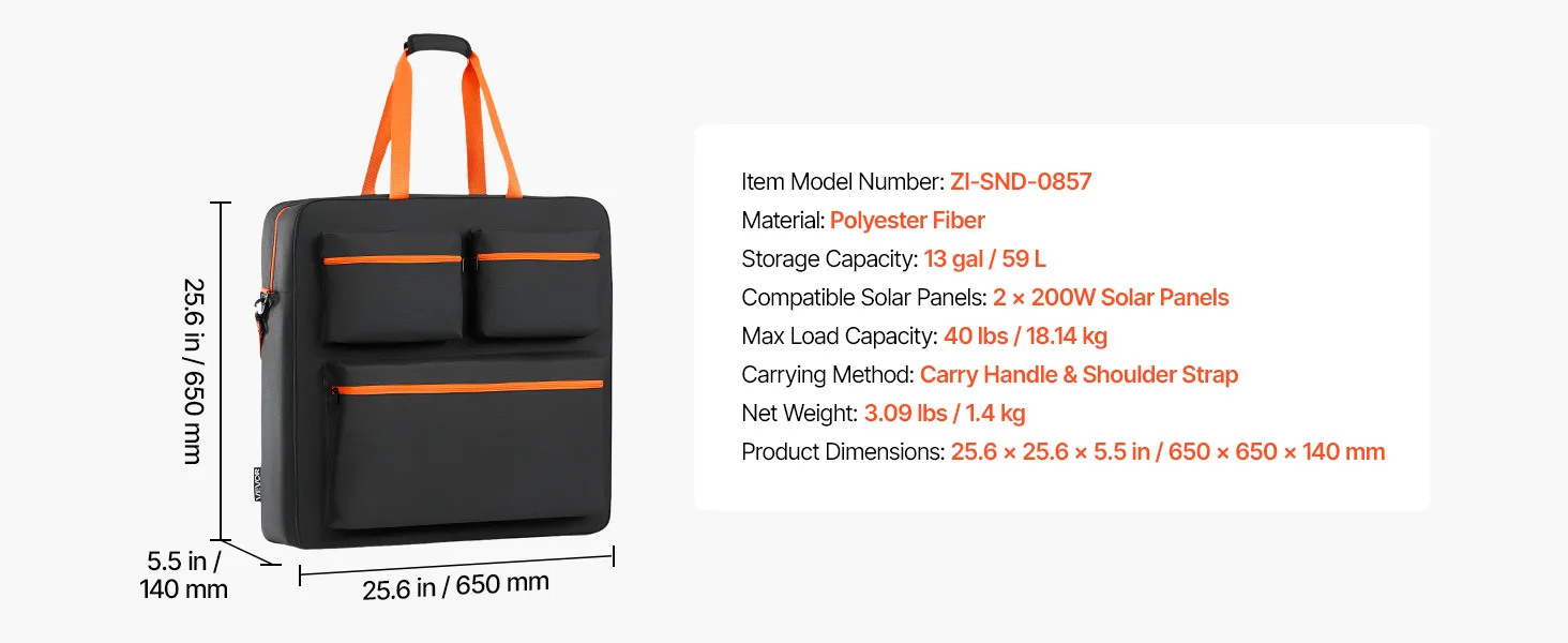 Saules paneļu soma ar izmēru marķējumu 25,6 x 25,6 x 5,5 collas pie priekšējā paneļa