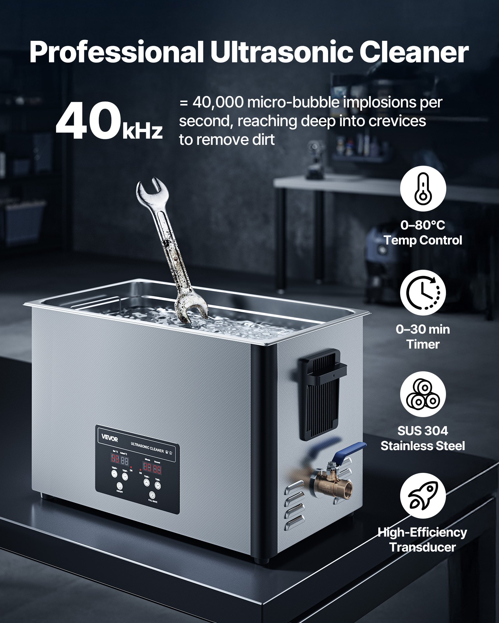 Ultraskaņas tīrītājs 30L ar grozu un digitālo displeju, 480W, nerūsējošais tērauds, 40kHz