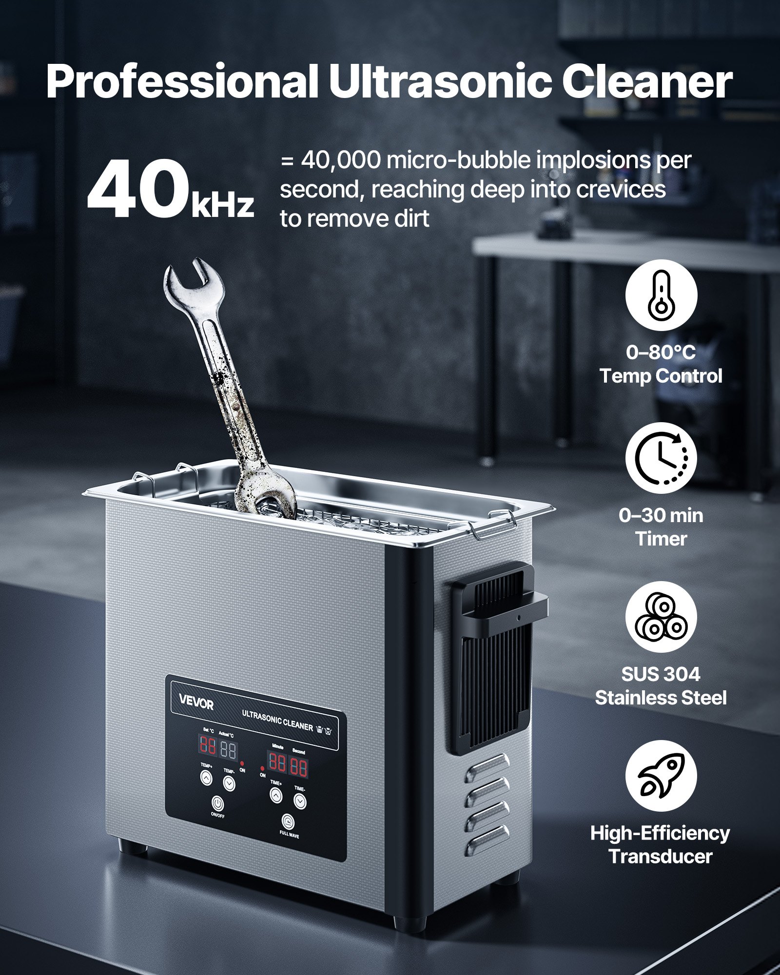 Ultraskaņas tīrītājs 6L ar grozu un digitālo displeju, 120W, 40kHz