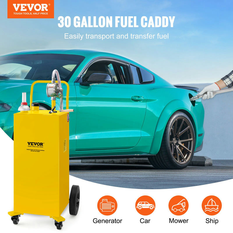 Degvielas tvertne 30 Gallon ar 4 riteņiem un manuālu divvirzienu rotācijas sūkni, Carbon Steel, dzeltena