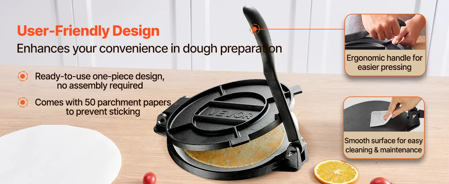 Tortilju prese ar ergonomisku rokturi un 50 pergamenta papīra loksnēm blakus