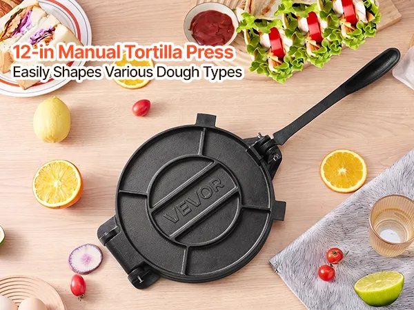 Tortilju prese no augšas ar redzamu 12 collu apaļo preses virsmu