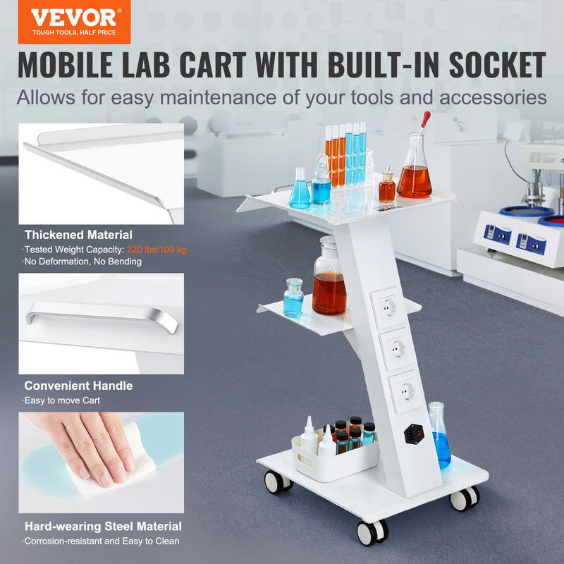 Laboratorijas ratiņi ar iebūvētu kontaktligzdu, 3 līmeņu metāla mobilie ratiņi, modelis K-SH001