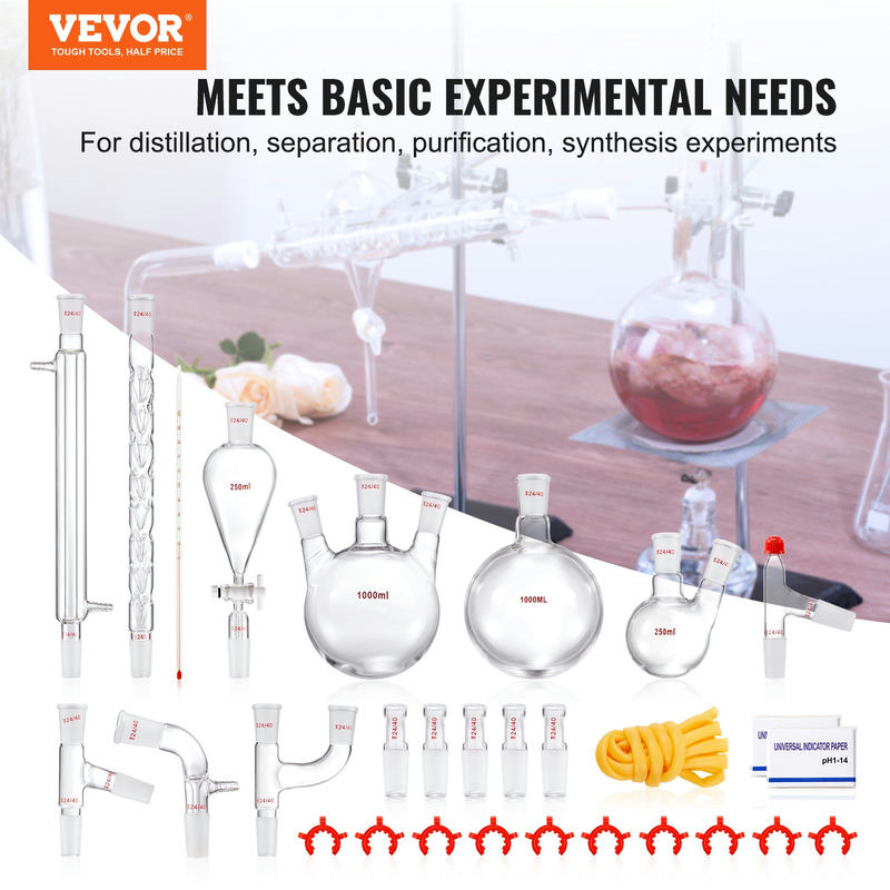 Laboratorijas destilācijas komplekts 3.3 borsilikāta stikls, 24/40, 1000 ml, 29 daļas, YHEO-8