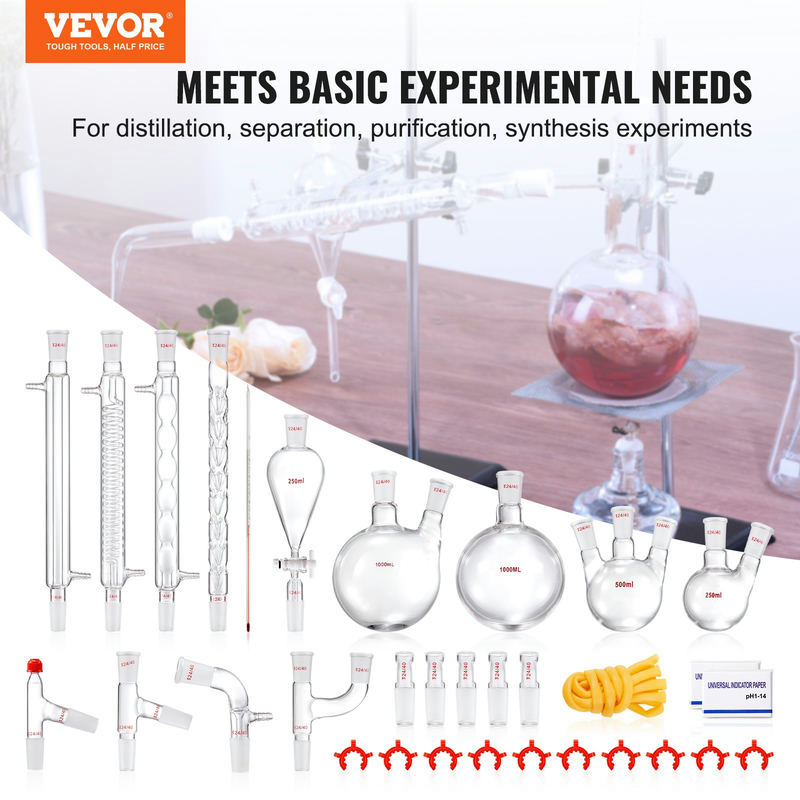 Laboratorijas destilācijas komplekts, 3.3 borosilikāta stikla, 24/40 savienojums, 1000 ml