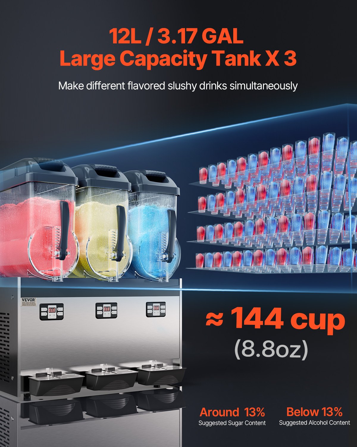 VEVOR komerciāla slushie mašīna ar 3 tvertnēm, 12 L x 3