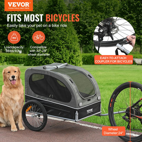 Suņu velosipēda piekabe, līdz 88 lbs/40 kg, DT810, melni pelēka