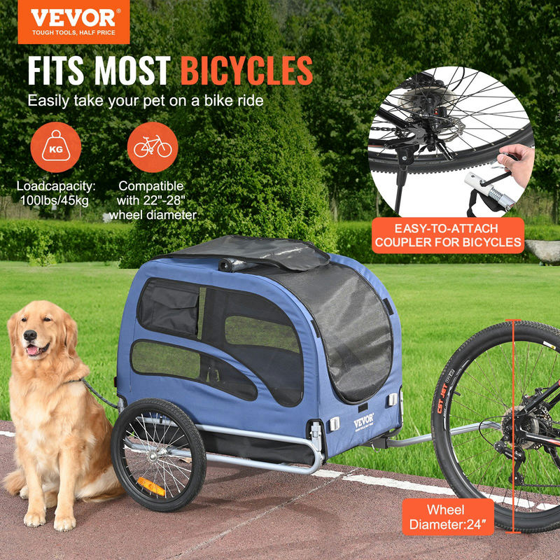 Suņu velosipēda piekabe, līdz 100 lbs, DT815, zila/melna
