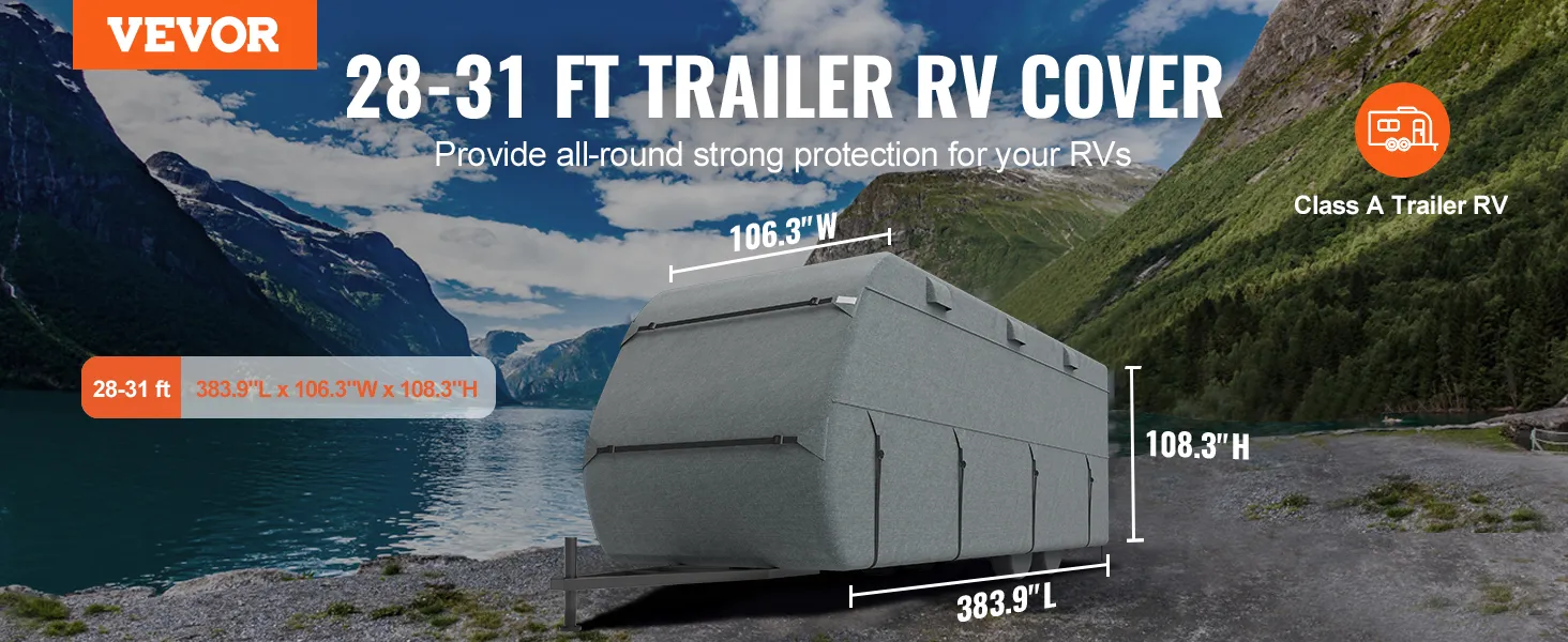 Treilera pārsegs uz Class A treilera ar redzamu pilnu sānu segumu un norādītu 28–31 ft izmēru