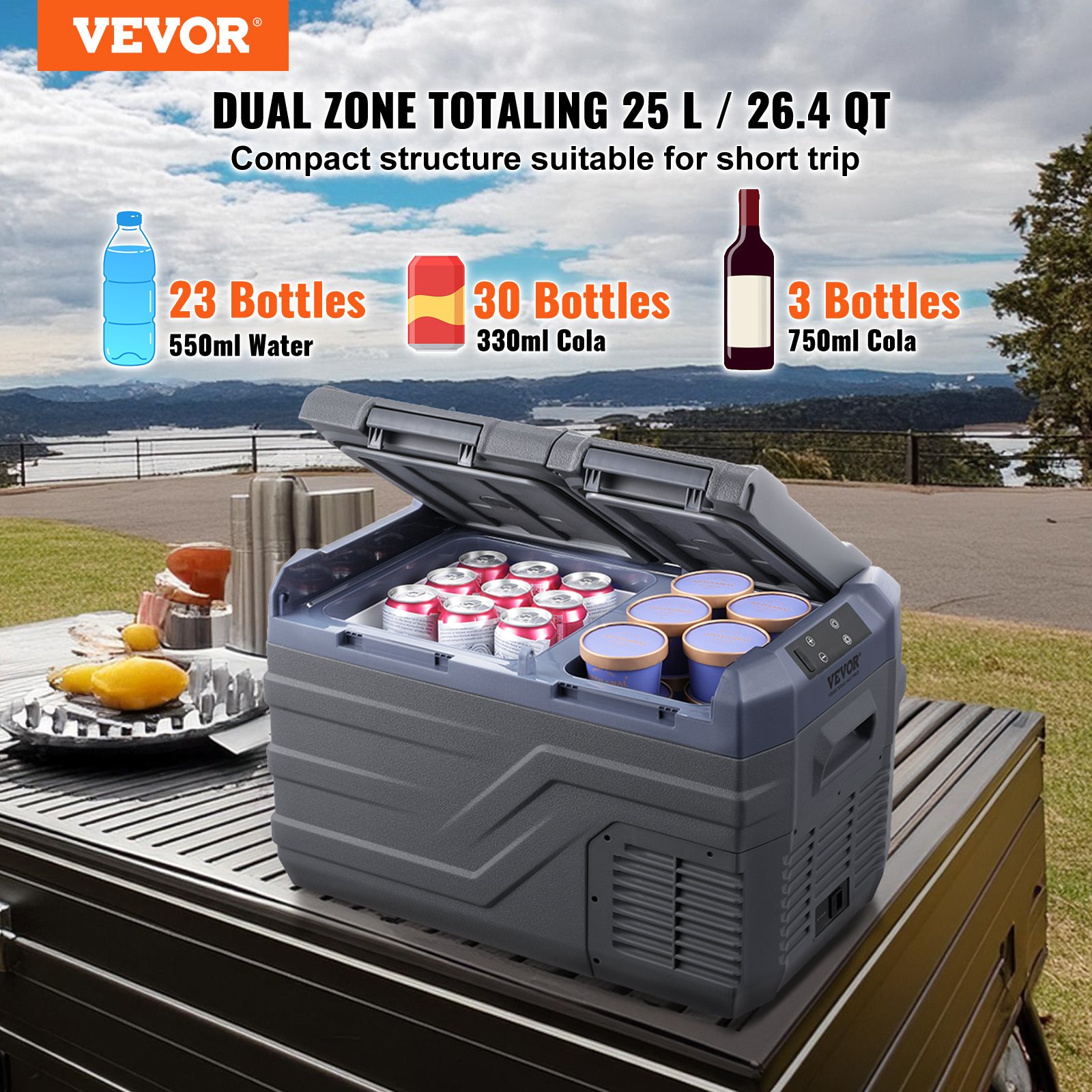 VEVOR auto ledusskapis 25 L ar divām zonām, -20 līdz 20 °C