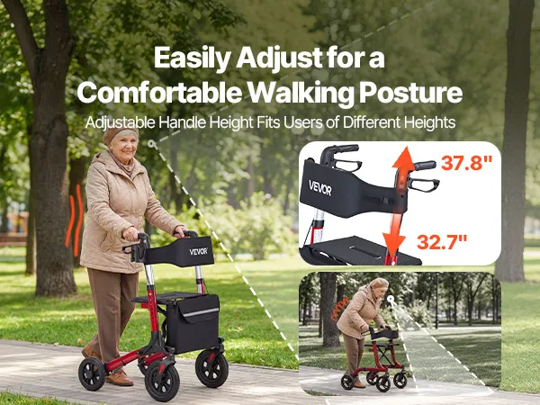 Salokāms rollators ar regulējamu rokturu augstumu un lietotāju parkā, redzams arī mērījumu ieliktnis