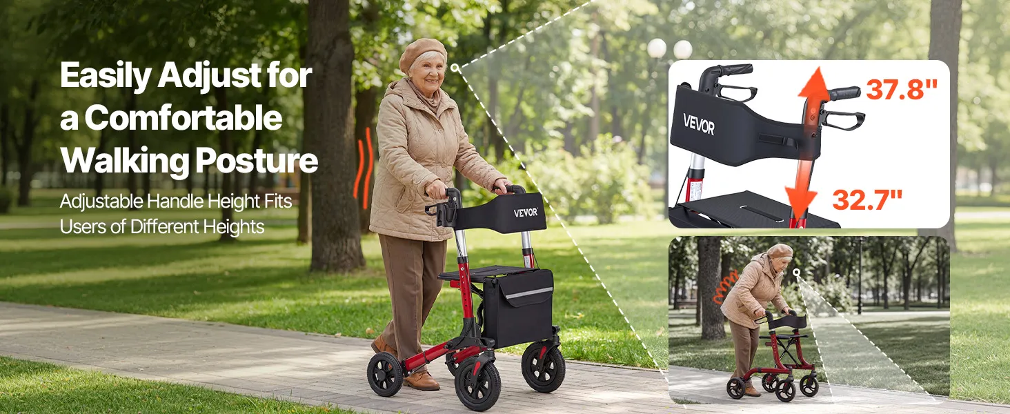 Rollators ar regulējamu rokturu augstumu, blakus parādīts diapazons no 32.7 līdz 37.8 in