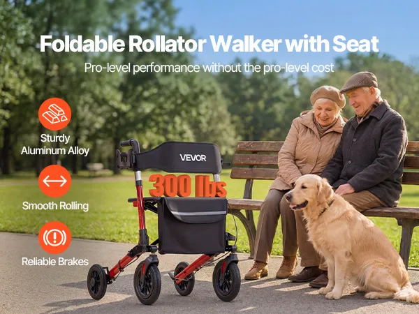 Rollators ar sēdekli pie parka soliņa, blakus redzama informācija par alumīnija rāmi un bremzēm