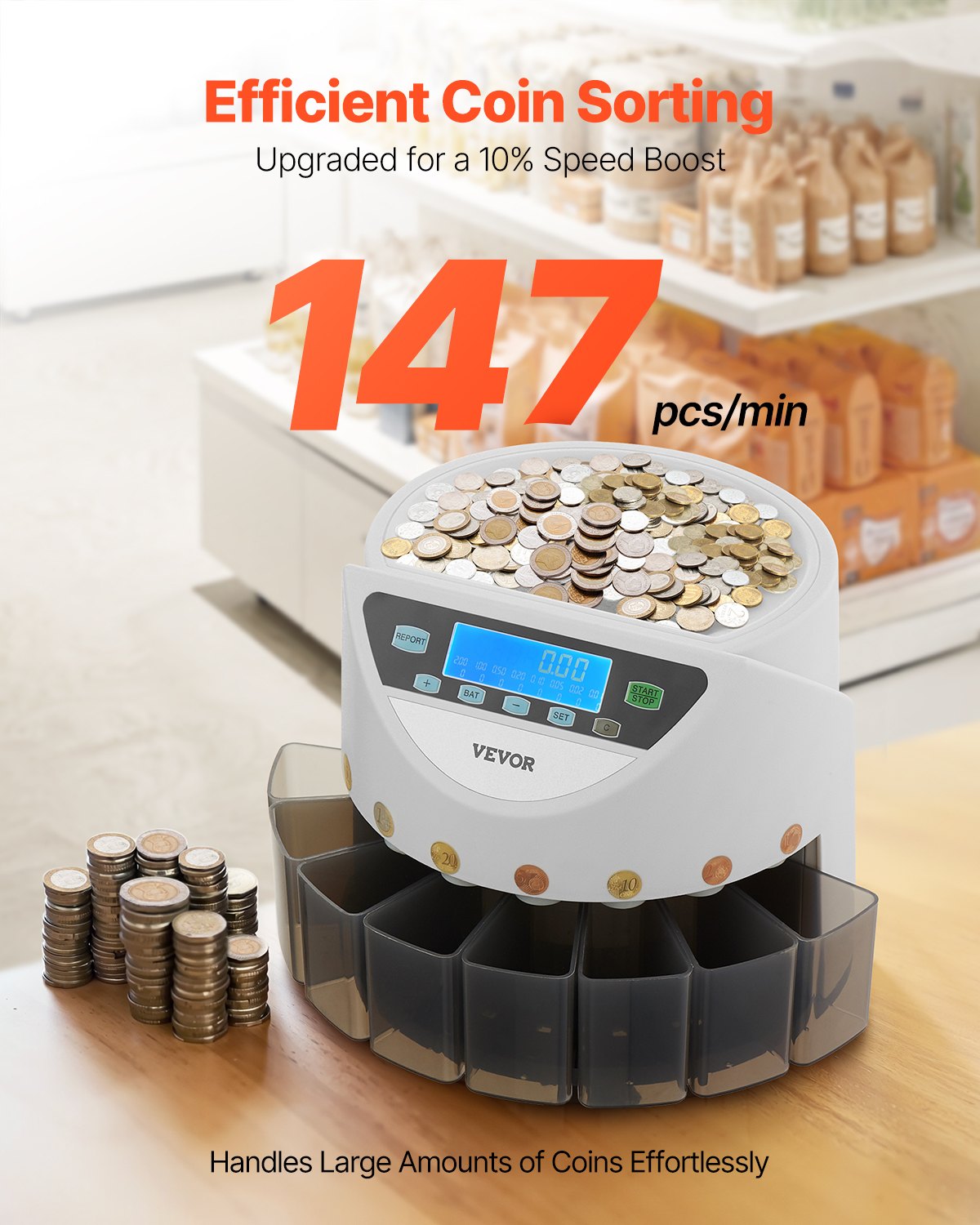 VEVOR EURO monētu šķirotājs un skaitītājs 8 euro monētu veidiem, līdz 850 monētām